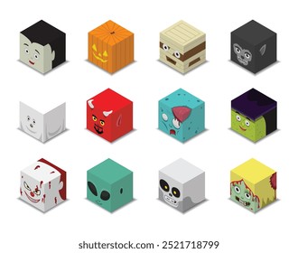 Conjunto de vetores de desenhos animados 3D bonito do cubo de Halloween