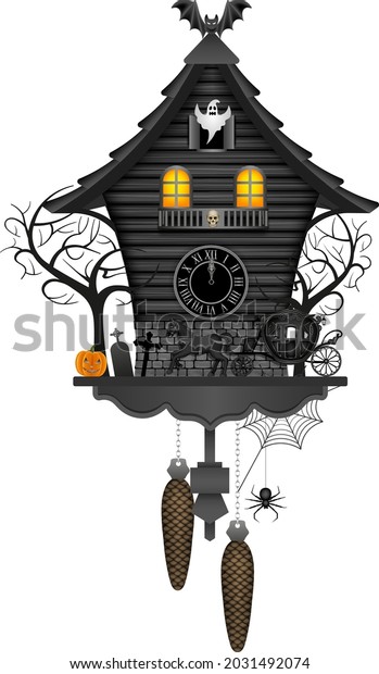 halloween cuckoo clock with old carriage, pumpkin,\
trees, bat and ghost