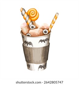 Halloween Cup with Marshmallows and Eyeballs – Cute Watercolor Illustration.Fun Halloween drink in a cup with marshmallows and candy eyeballs. Watercolor style on transparent background. 