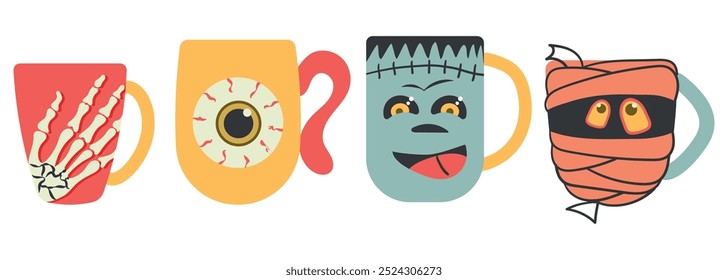 Halloween cup set. Cute set of cups for coffee, cocoa, tea. Halloween tableware vector illustration.