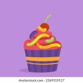 Halloween cupcake concept. Cake with colorful worms. Dessert for holiday of fear. Annual festival of horror. Bakery and pastry. Cartoon flat vector illustration isolated on violet background