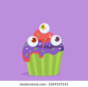 Halloween cupcake concept. Cake with eyes. Dessert for holiday of fear. Bakery and pastry. Graphic element for website. Cartoon flat vector illustration isolated on violet background