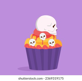 Halloween cupcake concept. Cake with skulls. Dessert for holiday of fear. Delicacy and bakery, pastry product. Poster or banner. Cartoon flat vector illustration isolated on violet background