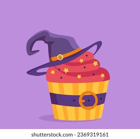 Halloween cupcake concept. Cake with witch hat. Dessert for holiday of fear. Red pastry and bakery. Template and layout. Cartoon flat vector illustration isolated on violet background