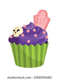 Halloween cupcake concept. Dessert and delicacy for international holiday. Sweet and junk food, bakery. Violet cake with skull. Social media sticker. Cartoon flat vector illustration