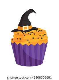 Halloween cupcake concept. International holiday of fear and horror. Dessert and delicacy, homemade product. Orange cake with witchhat. Poster or banner. Cartoon flat vector illustration