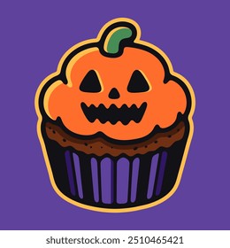 Halloween cupcake, lindo cupcake de calabaza, Ilustración vectorial