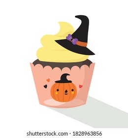 Halloween cupcake; cupcake decorated with witch's hat and wrapper printed with Halloween pumpkin pattern; suitable for Halloween party with kid