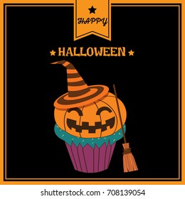 Halloween cupcake design to pumpkin monster on black background and orange border.