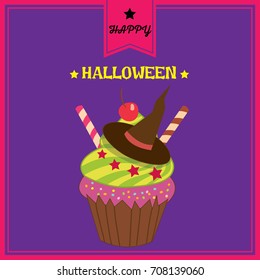 Halloween cupcake design to witch on purple background and pink border.
