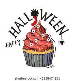Halloween cupcake with eyes. Happy halloween poster or greeting card