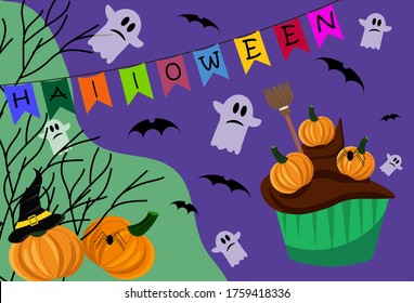  Halloween Cupcake. Halloween flyer template with text. Vector illustration. 