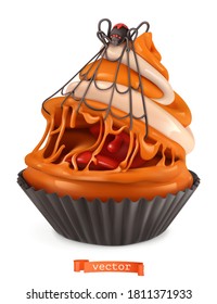 Halloween cupcake. Funny sweet monster. 3d vector cartoon illustration