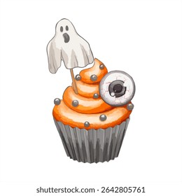 Halloween Cupcake with Ghost Topper and Eyeball – Watercolor.Adorable Halloween cupcake with ghost topper and candy eyeball. Hand-painted style on transparent background. Great for spooky party invite