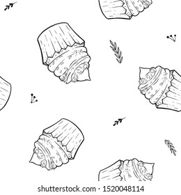 Halloween cupcake pattern. Coloring page with cupcakes, cream, witch hat and bats. Coloring page for adult and children. Decorative cupcake for holidays