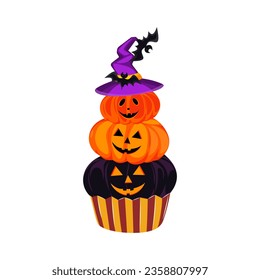 Halloween cupcake with pumpkins and bat. Design element for Halloween. Vector illustration.