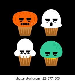 Halloween cupcake Scull and Ghost, Zombie and Pumpkin. Set Cupcake for holiday. Vector illustration