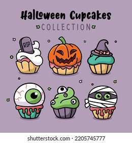 Halloween cupcake set cartoon collection, flat design style.