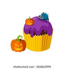Halloween cupcake with spider and pumpkins. Orange and violet dessert for spooky halloween party. Vector illustration in cute cartoon style