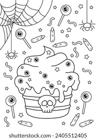 Halloween cupcake, sweet creepy fingers, spiderwebs, sweets, eyes. Background, coloring page, black and white vector illustration.