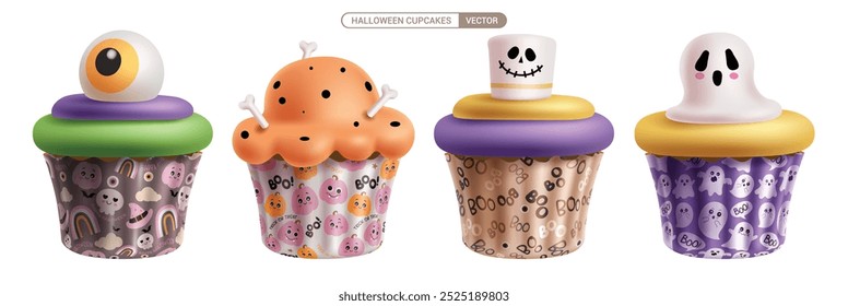 Desenho de conjunto de vetor de cupcake de Halloween. Cupcakes halloween 3d bonito creepy elementos com globo ocular, fantasma e marshmallow icing coleção isolado em fundo branco.  Elemento cupcakes para ilustração vetorial