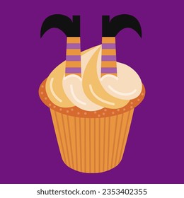 Halloween cupcake with witch legs vector illustration