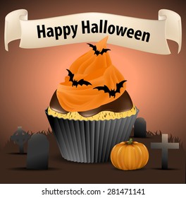 Halloween cupcake withe cemetery and a pumpkin.