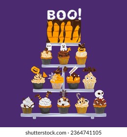 Halloween Cupcakes Awesome decorated muffins Small cake on the shelf for October 31st and scary dessert cartoon isolated on white background. Editable area For homemade cards Vector illustration.