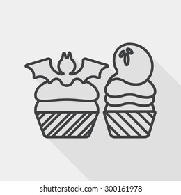 Halloween cupcakes with bat flat icon with long shadow, line icon