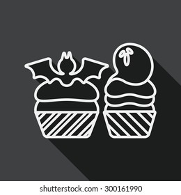 Halloween cupcakes with bat flat icon with long shadow, line icon