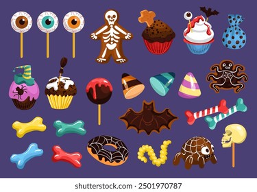 Halloween cupcakes and candies. Spooky holiday sweets. Creepy decorated muffins and cookies. Lollipops in eye form. Yummy chocolate bats. Sugar skulls and ghosts