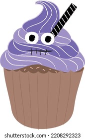 Halloween cupcakes. Cute kids in pumpkin, cat, vampire, witch hat, bat, skeleton and black cat costumes.