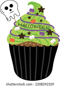 Halloween cupcakes. Cute kids in pumpkin, cat, vampire, witch hat, bat, skeleton and black cat costumes.