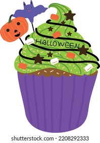 Halloween cupcakes. Cute kids in pumpkin, cat, vampire, witch hat, bat, skeleton and black cat costumes.