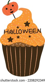 Halloween cupcakes. Cute kids in pumpkin, cat, vampire, witch hat, bat, skeleton and black cat costumes.