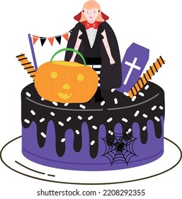 Halloween cupcakes. Cute kids in pumpkin, cat, vampire, witch hat, bat, skeleton and black cat costumes.
