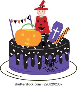 Halloween cupcakes. Cute kids in pumpkin, cat, vampire, witch hat, bat, skeleton and black cat costumes.