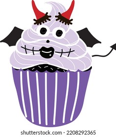 Halloween cupcakes. Cute kids in pumpkin, cat, vampire, witch hat, bat, skeleton and black cat costumes.