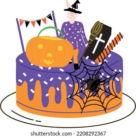 Halloween cupcakes. Cute kids in pumpkin, cat, vampire, witch hat, bat, skeleton and black cat costumes.