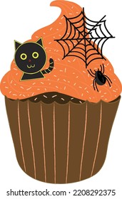 Halloween cupcakes. Cute kids in pumpkin, cat, vampire, witch hat, bat, skeleton and black cat costumes.