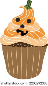 Halloween cupcakes. Cute kids in pumpkin, cat, vampire, witch hat, bat, skeleton and black cat costumes.