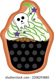 Halloween cupcakes. Cute kids in pumpkin, cat, vampire, witch hat, bat, skeleton and black cat costumes.