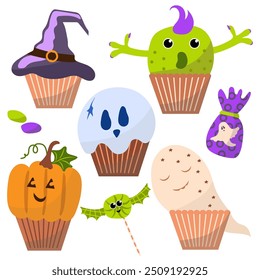 Halloween Cupcakes with Cute Monster, Ghost, Pumpkin, and Witch Hat Decorations