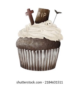 Halloween cupcakes decorated with chocolates: tombstones, crosses and bats. Hand painted watercolor. Happy Halloween concept. Trendy spooky design for poster, banner, menu, card