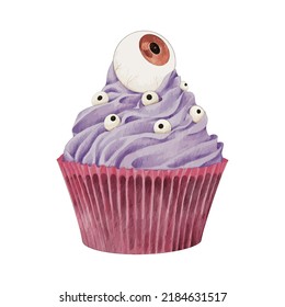 Halloween cupcakes decorated with eye candy and eye marmello. Hand painted watercolor. Happy Halloween concept. Trendy spooky design for poster, banner, menu, card