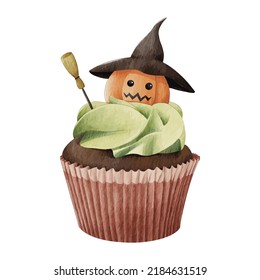 Halloween cupcakes decorated with pumpkin witches with hats and brooms. Hand painted watercolor. Happy Halloween concept. Trendy spooky design for poster, banner, menu, card