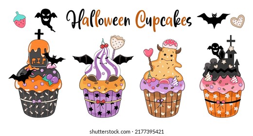 Halloween Cupcakes Designed In Doodle Style On White Background. Great For Decorating Halloween Themes, Cards, Tshirt Designs, Pillows, Stickers, Digital Prints And More.