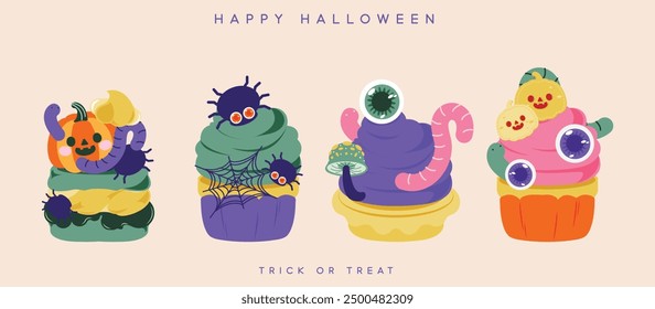 Cupcakes de Halloween, ilustración plana y colorida.