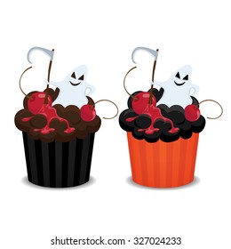 Halloween cupcakes with ghost and cherry. Vector illustration.