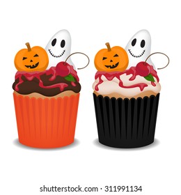 Halloween cupcakes with ghost, pumpkin and cherry, vector illustration.